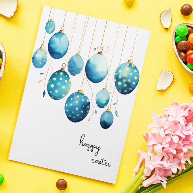 Cartes Pour Fêtes Annuelles Joyeux Bondi Bleu Polka Dot OEufs de Pâques (Customize this cute Easter greeting card with blue and gold polka dotted Easter Eggs. )