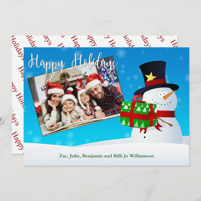 Cartes Pour Fêtes Annuelles Joyeux bonhomme de neige avec un cadeau et votre p (Devant / Derrière)