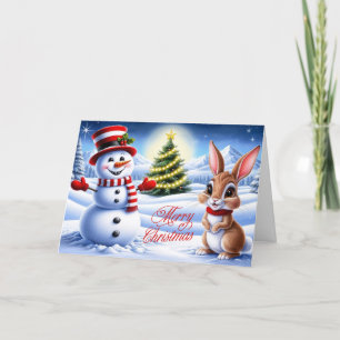 Cartes Pour Fêtes Annuelles Joyeux bonhomme de neige de Noël et lapin