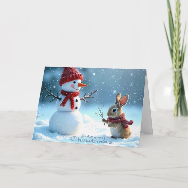Cartes Pour Fêtes Annuelles Joyeux bonhomme de neige de Noël et lapin (Devant)