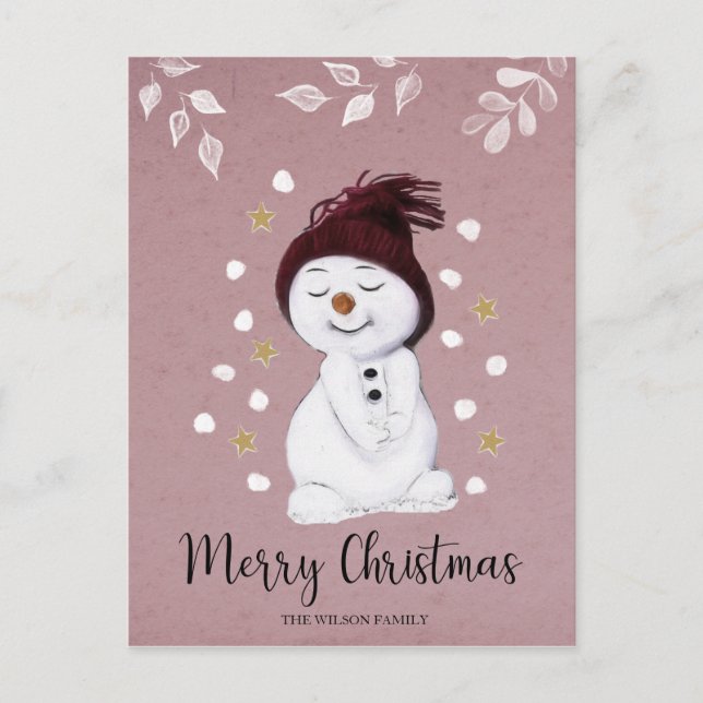 Cartes Pour Fêtes Annuelles Joyeux bonhomme de neige rose Noël (Devant)