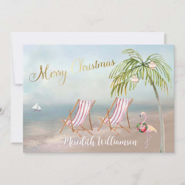 Cartes Pour Fêtes Annuelles Joyeux budget du Flamant rose de plage de Noël (Devant)