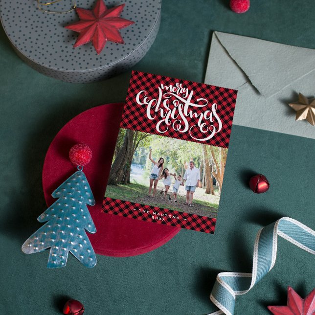 Cartes Pour Fêtes Annuelles Joyeux Buffalo de Noël Plaid Photo Collage (Créateur téléchargé)