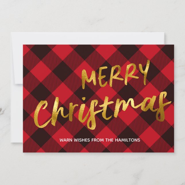 Cartes Pour Fêtes Annuelles Joyeux Buffalo Red Plaid et Gold Foil (Devant)