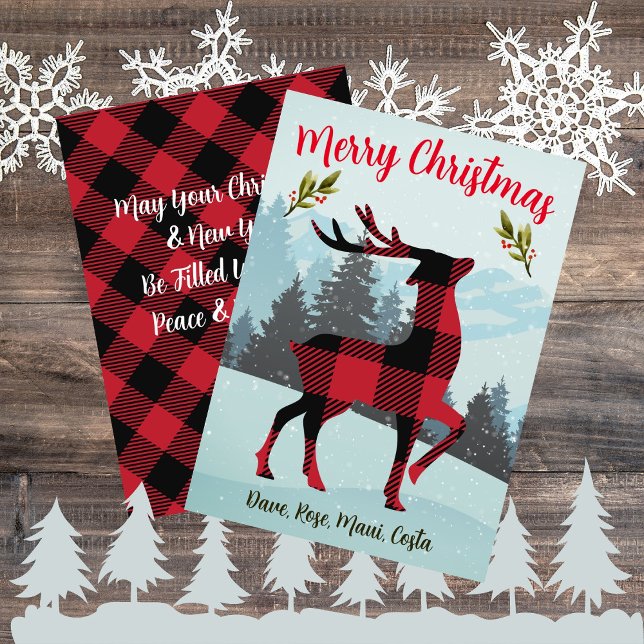 Cartes Pour Fêtes Annuelles Joyeux Buffle de Noël Plaid Rindeer Et Arbres (Merry Christmas Buffalo Plaid Reindeer And Trees Holiday Card)