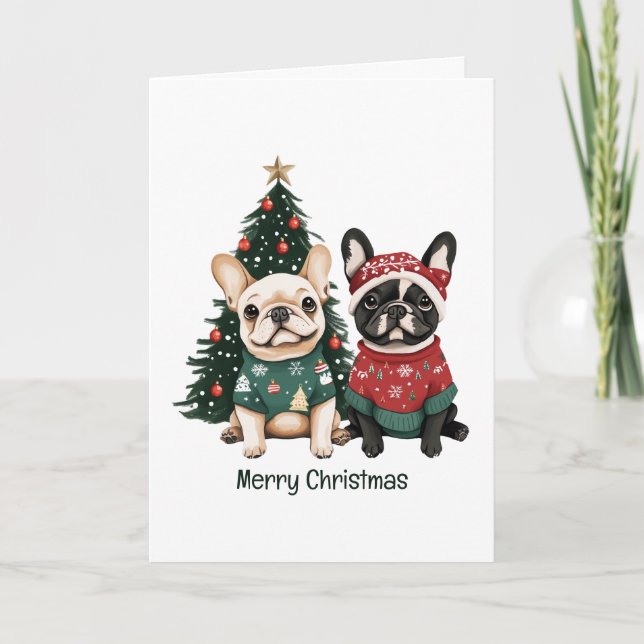 Cartes Pour Fêtes Annuelles Joyeux Buldogs français de Noël (Devant)
