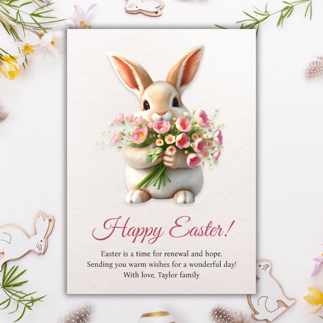 Cartes Pour Fêtes Annuelles Joyeux Bunny de Pâques mignonne Tulipe rose Fleur  (Happy Easter Bunny Cute Spring Flower Pink Tulip Holiday Card)