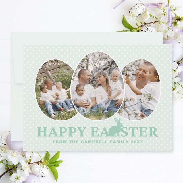 Cartes Pour Fêtes Annuelles Joyeux Bunny de Pâques Pastel Oeufs photo (Easter family photo collage card with 3 egg-shaped photo frames, pastel mint text and bunny.)