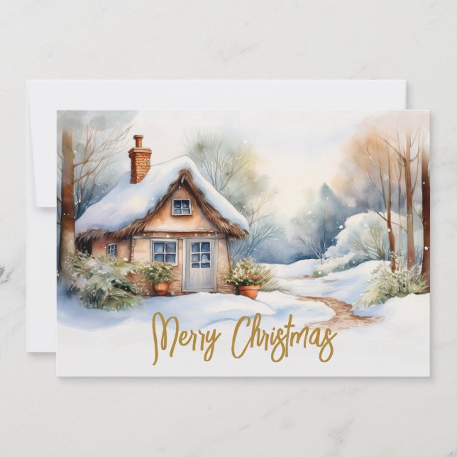 Cartes Pour Fêtes Annuelles Joyeux Cabine de Noël dans un paysage enneigé (Devant)