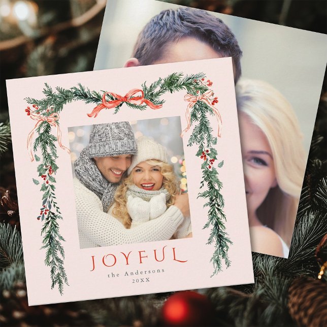 Cartes Pour Fêtes Annuelles Joyeux cadre de Noël 2 Photo Blush Carré rose (Front & Back)