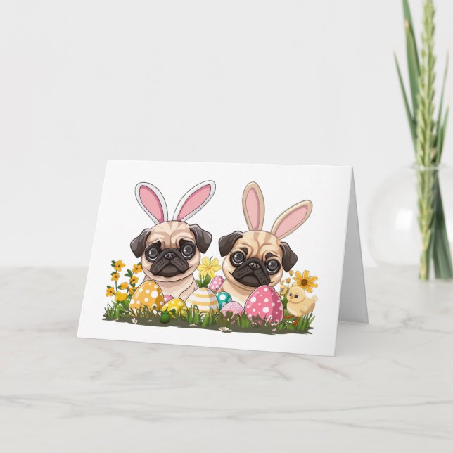 Cartes Pour Fêtes Annuelles Joyeux Carlin de Pâques Chiens Lapin Oreilles (Devant)