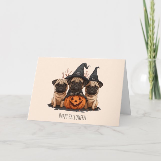 Cartes Pour Fêtes Annuelles Joyeux Carlins d'Halloween Jack O Lanterns (Devant)