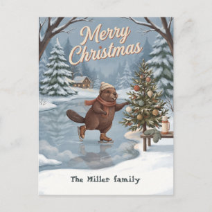 Cartes Pour Fêtes Annuelles Joyeux castor patinant à glace Noël en forêt