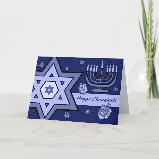 Cartes Pour Fêtes Annuelles Joyeux Chanoukah. Étoile de David, Menorah, Dreide (Devant)