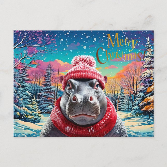 Cartes Pour Fêtes Annuelles Joyeux chapeau et foulard de Noël Hippo (Devant)