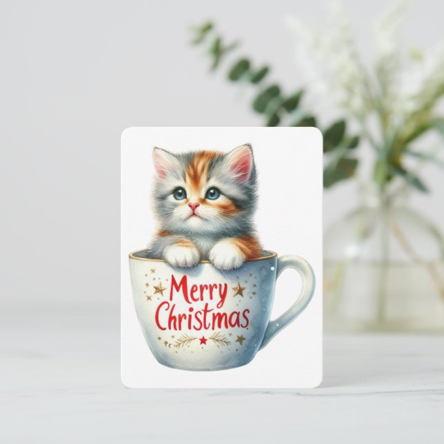 Cartes Pour Fêtes Annuelles Joyeux chat de Noël dans une tasse - Noël (Debout devant)