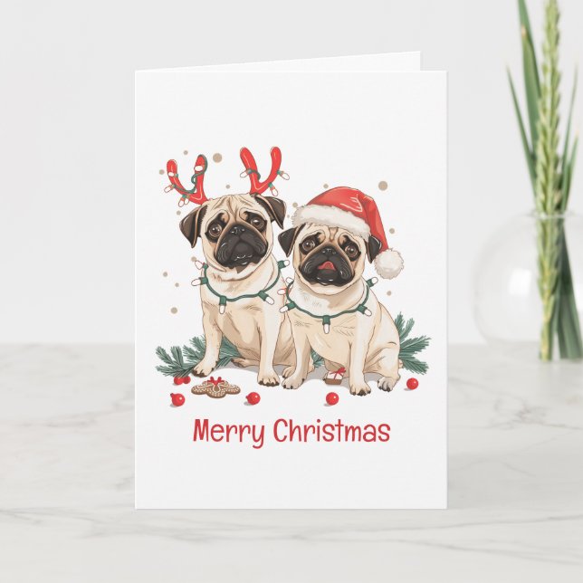 Cartes Pour Fêtes Annuelles Joyeux Chiens de Carlin de Noël (Devant)