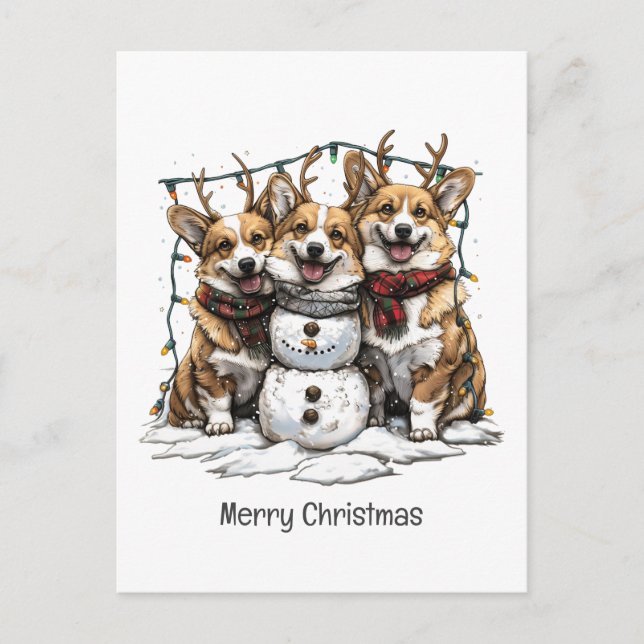 Cartes Pour Fêtes Annuelles Joyeux Chiens de Corgi Noël Snowman (Devant)