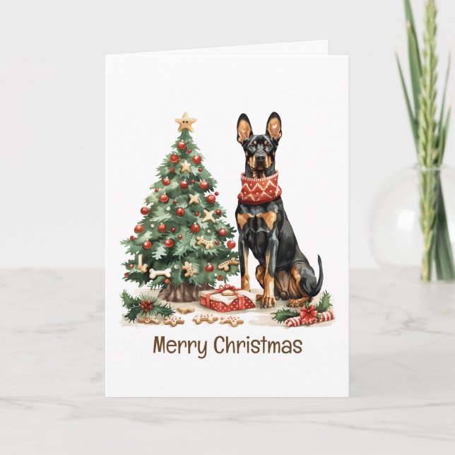 Cartes Pour Fêtes Annuelles Joyeux Chiens Dobermann de Noël (Devant)