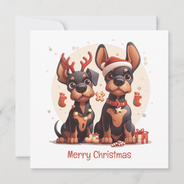 Cartes Pour Fêtes Annuelles Joyeux Chiens Dobermann de Noël (Devant)