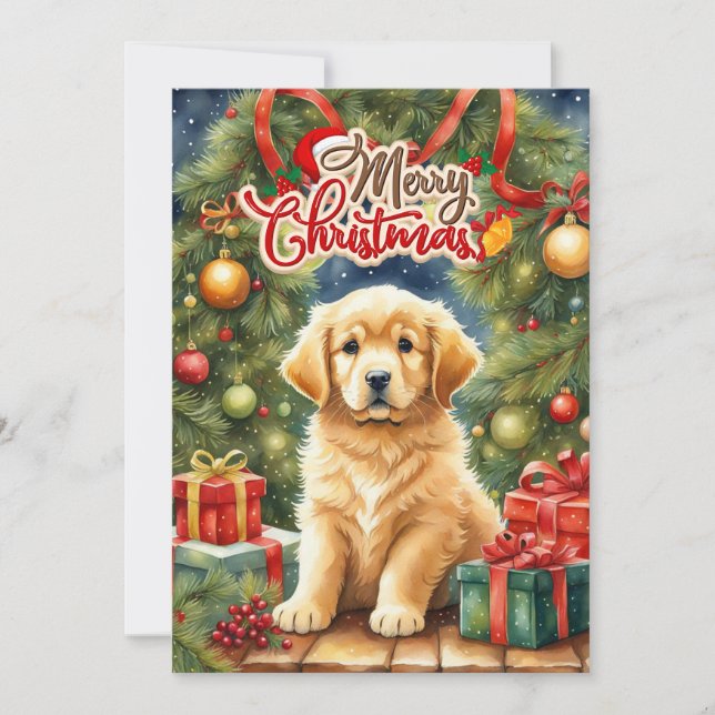Cartes Pour Fêtes Annuelles Joyeux Chiot de Noël et Arbre de Noël (Devant)