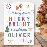 Cartes Pour Fêtes Annuelles Joyeux coloré et brillant tout Scandi<br><div class="desc">Carte de Noël colorée personnalisée avec design typographique, décorée de gribouillis scandinaves. Le modèle est configuré pour que vous puissiez ajouter un nom à l'avant de la carte et vous pouvez également modifier le message à l'intérieur. Le texte dit "vous souhaitant un joyeux tout brillant [nom]" et est écrit avec...</div>