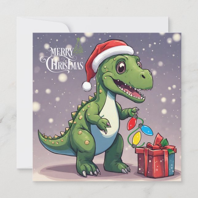 Cartes Pour Fêtes Annuelles Joyeux dinosaure de Noël avec présent (Devant)