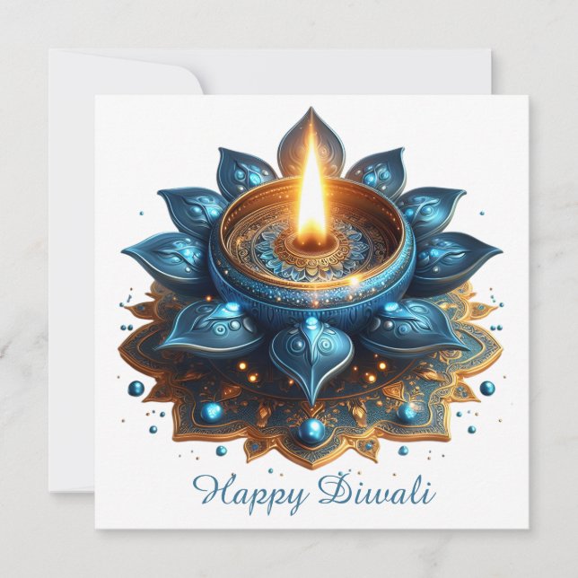 Cartes Pour Fêtes Annuelles Joyeux Diwali Blue Gold Diya Festival de la lumièr (Devant)