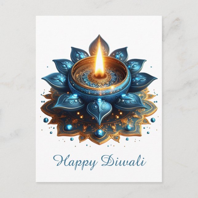 Cartes Pour Fêtes Annuelles Joyeux Diwali Blue Gold Diya Festival de la lumièr (Devant)