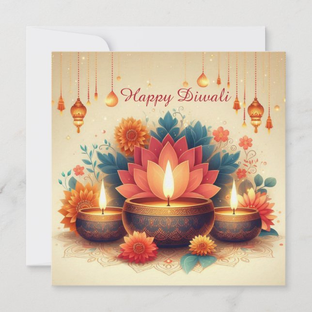 Cartes Pour Fêtes Annuelles Joyeux Diwali Diya Lotus Festival Floral Lumière (Devant)