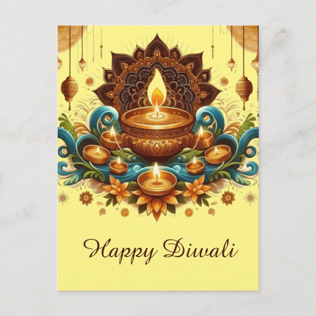 Cartes Pour Fêtes Annuelles Joyeux Diwali Gold Diya Festival de bleu clair (Devant)