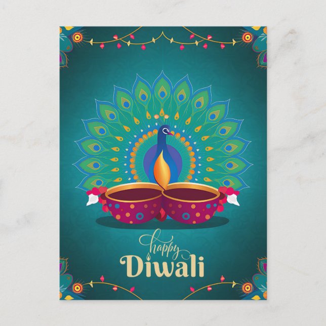 Cartes Pour Fêtes Annuelles Joyeux Diwali Peacock Diya Festival du bleu clair (Devant)