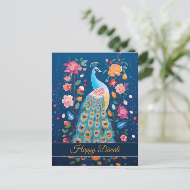 Cartes Pour Fêtes Annuelles Joyeux Diwali Peacock & Flowers (Debout devant)