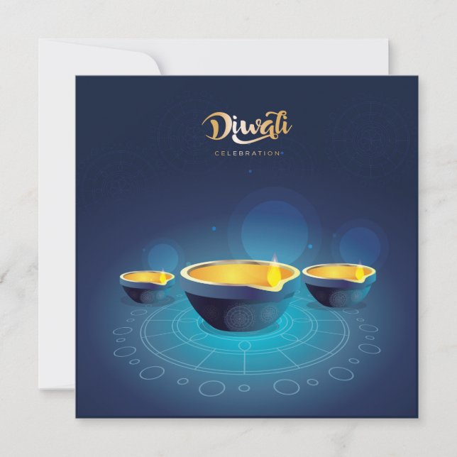 Cartes Pour Fêtes Annuelles Joyeux Diwali Rangoli Blue Diya Festival de la lum (Devant)
