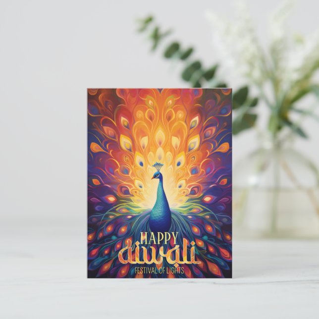 Cartes Pour Fêtes Annuelles Joyeux Diwali Vibrant Peacock Festival des lumière (Debout devant)