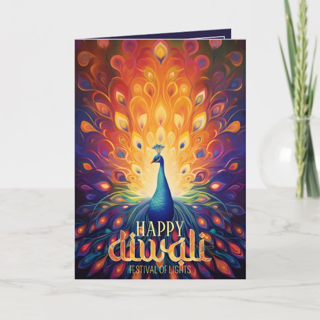 Cartes Pour Fêtes Annuelles Joyeux Diwali Vibrant Peacock Festival des lumière (Devant)