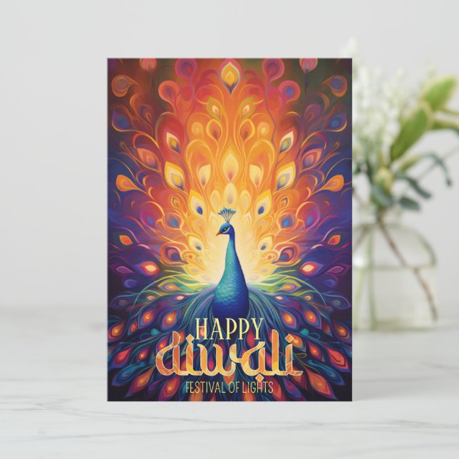 Cartes Pour Fêtes Annuelles Joyeux Diwali Vibrant Peacock Festival des lumière (Debout devant)