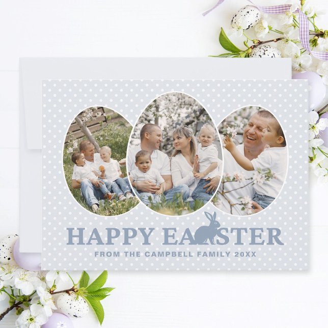 Cartes Pour Fêtes Annuelles Joyeux Easter Dusty Blue Rabbit Oeufs photo person (Easter family photo collage card with egg-shaped photo frames, dusty blue text and bunny.)