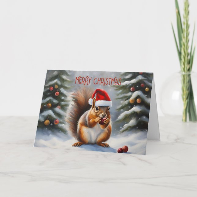 Cartes Pour Fêtes Annuelles Joyeux écureuil de Noël et forêt d'hiver (Devant)