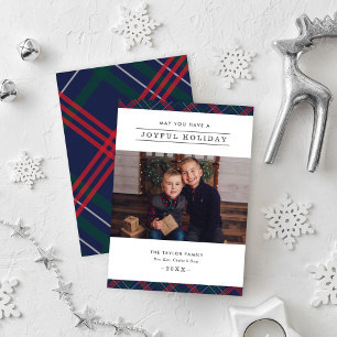 Cartes Pour Fêtes Annuelles Joyeux Elegant Marine Rouge Vert Tartan Photo Plai