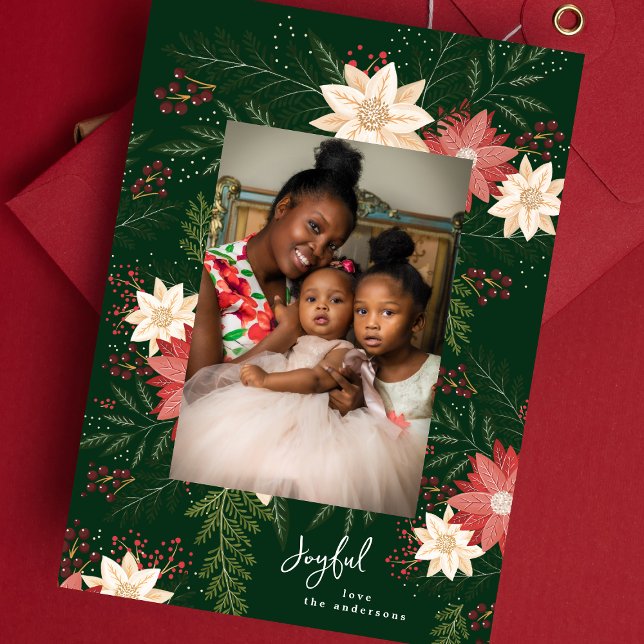 Cartes Pour Fêtes Annuelles Joyeux | Elegant Merry Poinsettia Splendor (Créateur téléchargé)