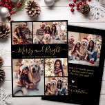 Cartes Pour Fêtes Annuelles Joyeux et brillant 5 photo Collage Noël<br><div class="desc">Calligraphie moderne simple élégante Joyeux et Bright Script Black and Gold 5 Photo Collage Joyeux Noël Carte de vacances. Ce modèle festif, minimaliste, fantaisiste cinq (5) photo vacances carte de voeux dispose d'une jolie grille photo collage et dit "Merry and Bright"! Le texte de salutation "Joyeux et brillant" est écrit...</div>