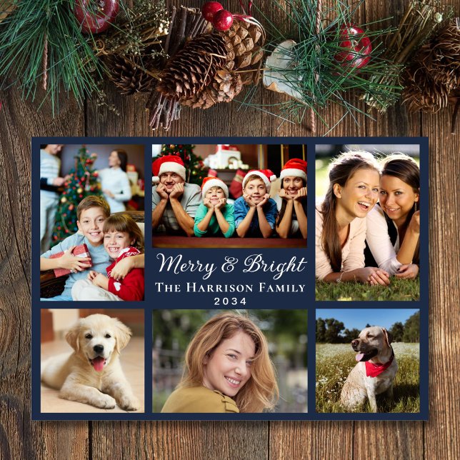 Cartes Pour Fêtes Annuelles Joyeux et brillant 6 Photo Collage Bleu Noël (This holiday season, let the magic of your cherished moments unfold with our 6 photo Christmas card)
