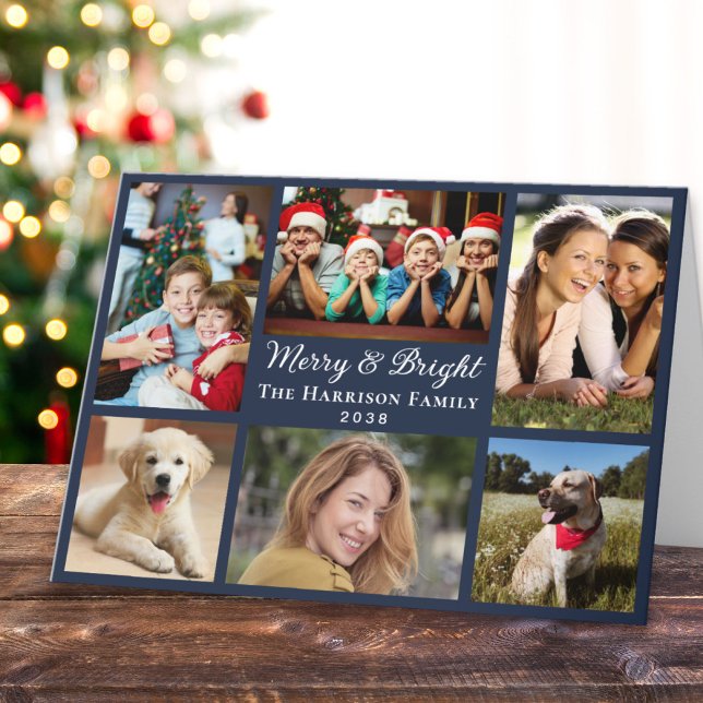 Cartes Pour Fêtes Annuelles Joyeux et brillant 6 Photo Collage Bleu Noël (This holiday season, let the magic of your cherished moments unfold with our 6 photo Christmas card)