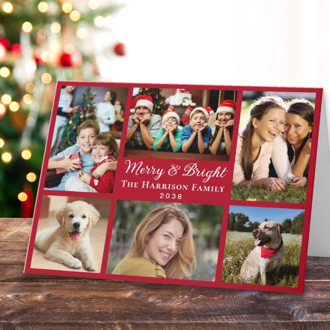 Cartes Pour Fêtes Annuelles Joyeux et brillant 6 Photo Collage Rouge Noël (This holiday season, let the magic of your cherished moments unfold with our 6 photo Christmas card)