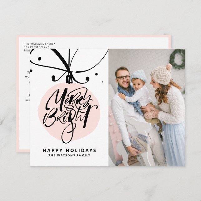 Cartes Pour Fêtes Annuelles Joyeux et brillant Lettres rose ornament photo (Devant / Derrière)