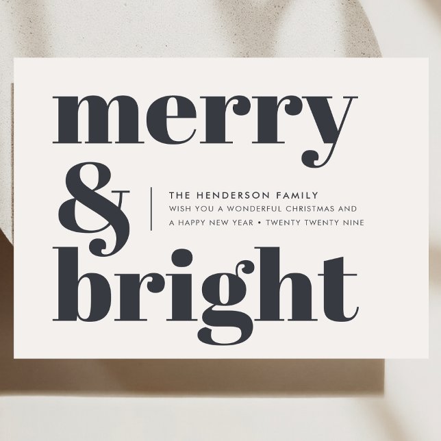 Cartes Pour Fêtes Annuelles Joyeux et brillant Noir et Blanc tendance Noël (Stylish, festive, and fully customizable - create your monochrome typography holiday card today)