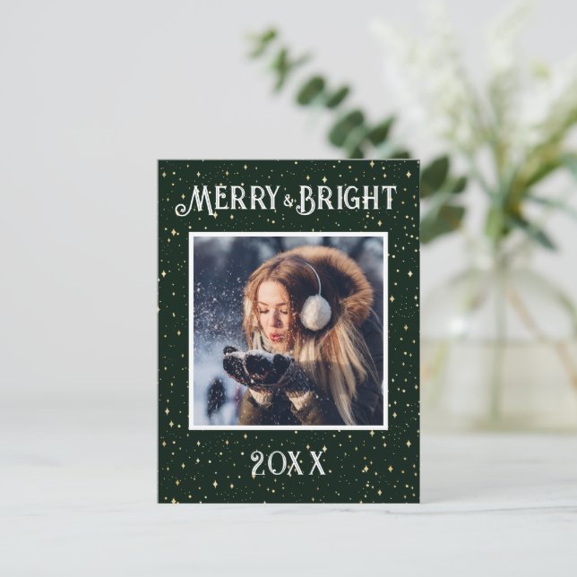Cartes Pour Fêtes Annuelles Joyeux et brillant Photo Green Starlights (Debout devant)