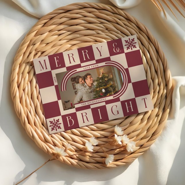 Cartes Pour Fêtes Annuelles Joyeux et brillant Retro Checker Arch de Noël Phot (Merry & Bright Retro Checker Christmas Arch Photo Holiday Card)