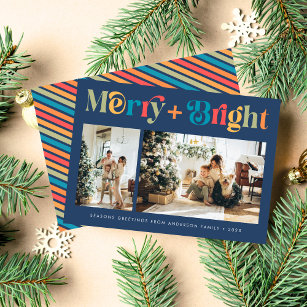 Cartes Pour Fêtes Annuelles Joyeux et brillant rétro couleur deux photos Noël